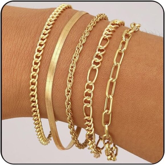 Gold Bracelets for Women 14K Plated Dainty Stackable Chain Bracelet Set Gift - Picture 1 of 6